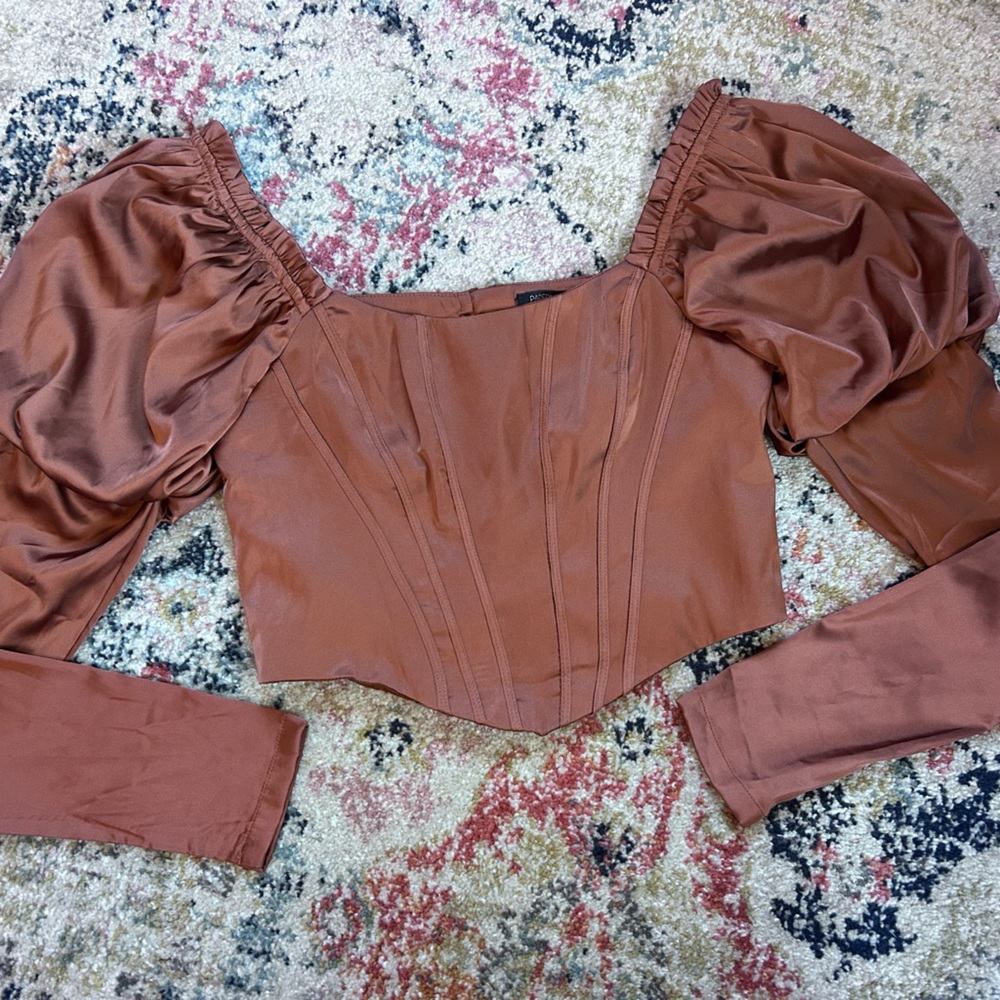 Papermoon Rust Satin Puff-Sleeve Corset Top
